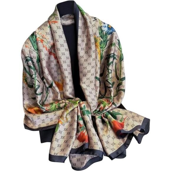 Accessories - Silk Scarf Shawl for Women 36 Khaki Floral